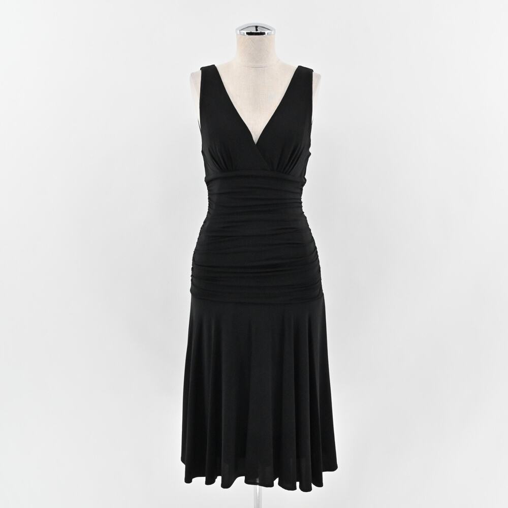 BCBGMAXAZRIA Dress Size M Black Sleeveless VNeck Ruched Drape Stretch Drop Waist